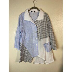 Yushi Women Patchwork Button Up Tunic Top Size Large Long Sleeve lagenlook Boho